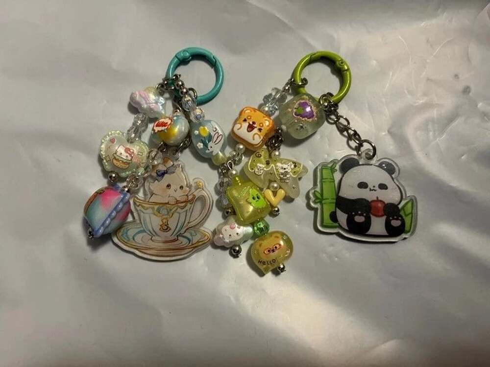 Kawaii two set key chains plastic charms panda kitty green blue